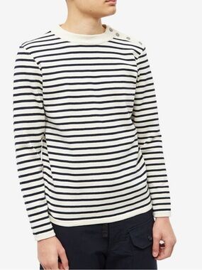 Striped Crewneck Virgin Wool Sweater with Shoulder Buttons - Cream/Black
